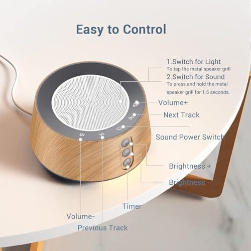 Máquina de ruido blanco (white noise) con 20 sonidos relajantes para dormir (sonido de lluvia, olas del mar, pájaros, entre otros) y con luz nocturna. Color madera - Imagen 3