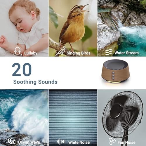 Máquina de ruido blanco (white noise) con 20 sonidos relajantes para dormir (sonido de lluvia, olas del mar, pájaros, entre otros) y con luz nocturna. Color madera - Imagen 4