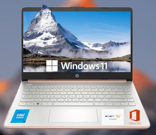 Laptop Hewlett Packard—Pantalla de 14 pulgadas. Modelo Ultrabook. CPU Intel. 8 GB RAM. Almacenamiento de 1.6 TB (64 GB a bordo con unidad portátil de 512 GB + 1 TB OneDrive). Hasta 12 horas de duración de la batería. Windows 11 Home. Color Oro rosa