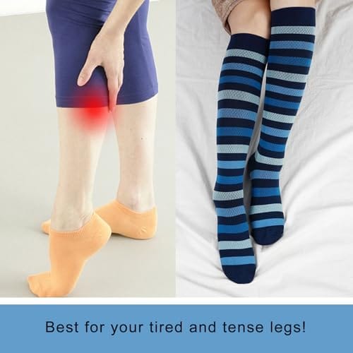Medias de compresión hasta la rodilla para mejor circulación. De rayas. One size (Women's 7-12/ Men's 6-11) Color azul en rayas - Imagen 5