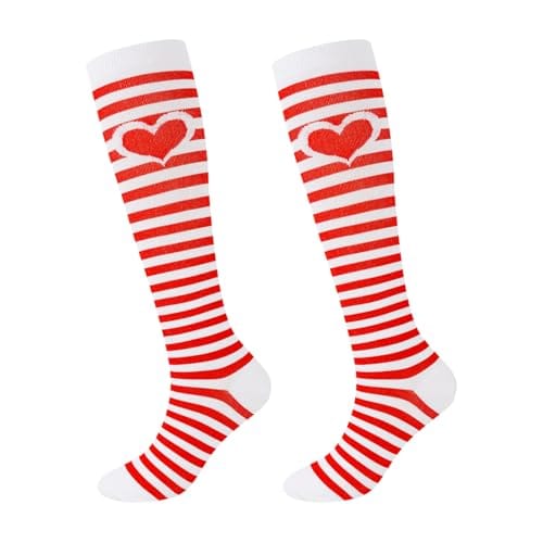 Medias de compresión hasta la rodilla para mejor circulación. De rayas. One size (Women's 7-12/ Men's 6-11) Color blanco y rojo de rayas y un corazón