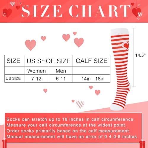 Medias de compresión hasta la rodilla para mejor circulación. De rayas. One size (Women's 7-12/ Men's 6-11) Color blanco y rojo de rayas y un corazón - Imagen 6