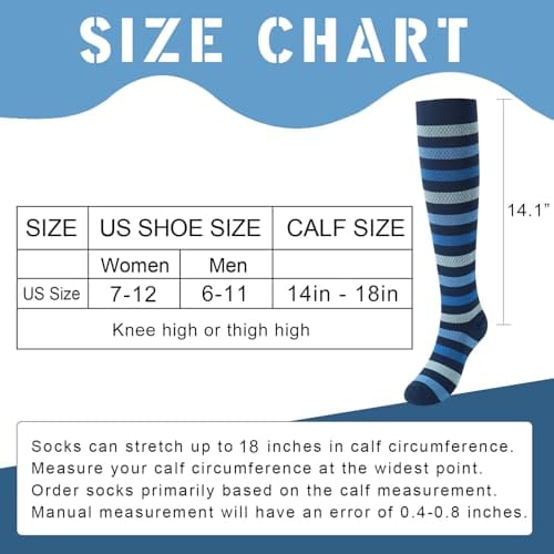 Medias de compresión hasta la rodilla para mejor circulación. De rayas. One size (Women's 7-12/ Men's 6-11) Color azul en rayas - Imagen 6