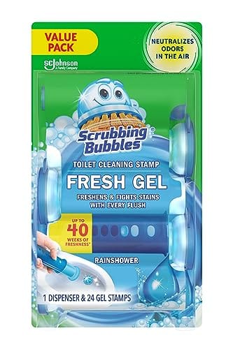 Gel para inodoro para neutralizar el olor. Fragancia Rainshower. (24 gel stamps) Marca Scrubbing Bubbles