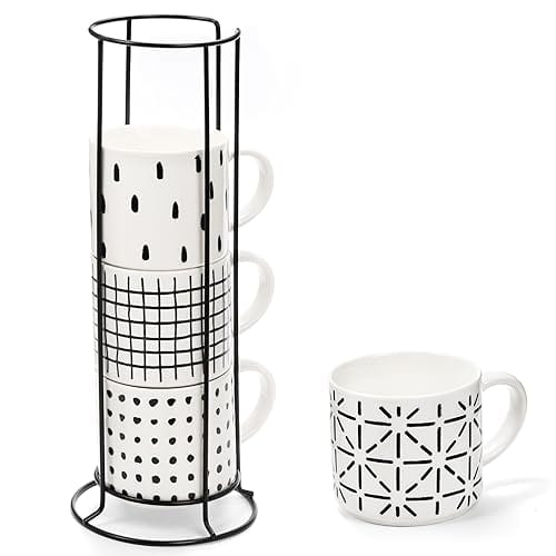 Set de 4 tazas para café o té de 15 onzas (color diseños blanco y negro) con organizador. Seguro para uso en microondas