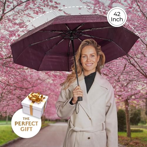 Sombrilla/Paraguas compacta resistente a vientos fuertes, compacto. Pesa menos de 1 libra. Abre y cierra automáticamente al toque del botón. Cabe en mochila. Color violeta oscuro. Marca Tumella - Imagen 5