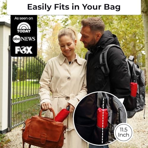 Sombrilla/Paraguas compacta resistente a vientos fuertes, compacto. Pesa menos de 1 libra. Abre y cierra automáticamente al toque del botón. Cabe en mochila. Color rojo. Marca Tumella - Imagen 2